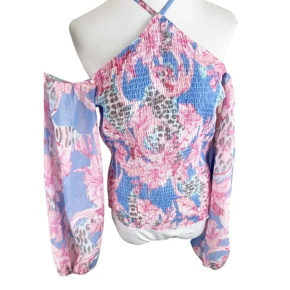 Venus Floral Smocked Halter Top Blouse Cold Shoulder Long Sleeve Size Medium - Picture 2 of 7